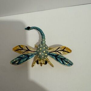 Bejeweled Dragonfly Handpainted Gold Accent Rhinestones Hinged Trinket Box Opens